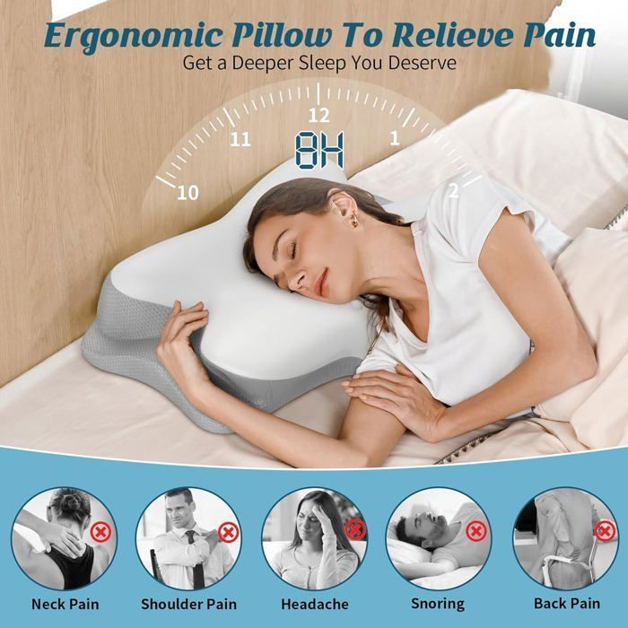 Travesseiro Cervical Ergonômico de Espuma Viscoelástica, Travesseiro Ortopédico para Dor no Pescoço, Oferece Suporte para o Pescoço e a Coluna Vertebral