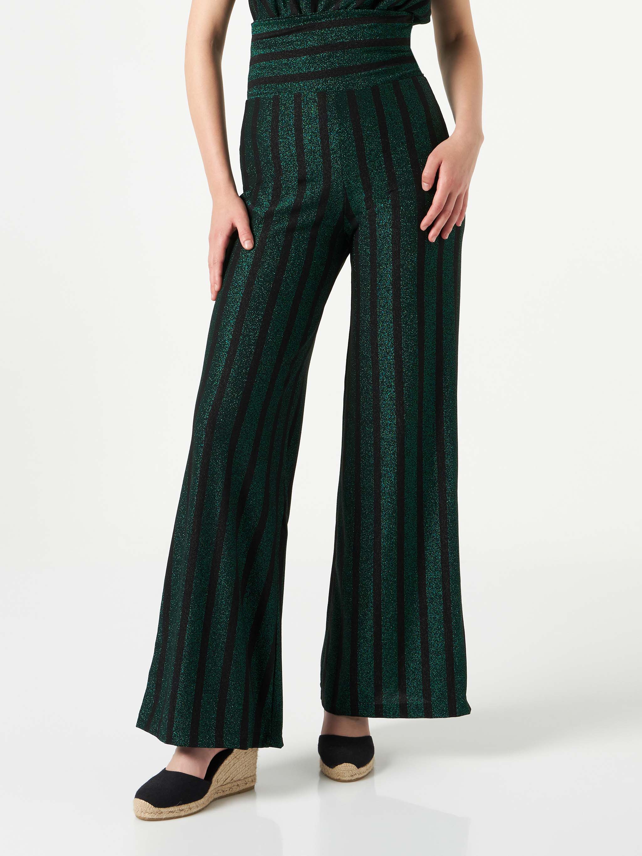 Paleisbroek met zwarte en groene glitterstrepen