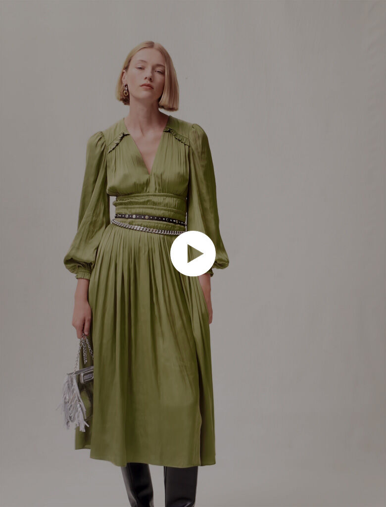 Jurk van semi-satijn met ruches - Khaki