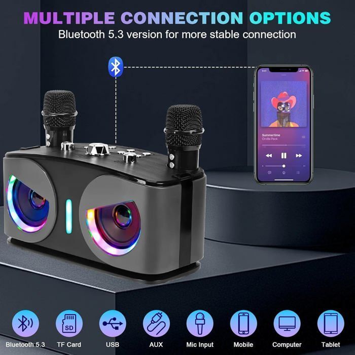 Máquina de karaoke con 2 micrófonos inalámbricos, sistema de karaoke portátil Bluetooth con forma de búho y luces de discoteca, compatible con TV/USB/AUX/TF/FM.