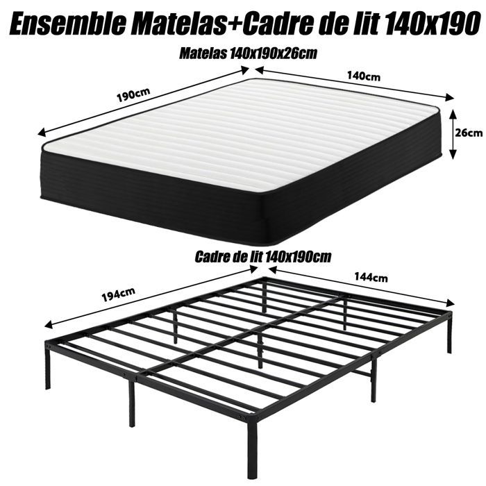 Conjunto de colchón y base de cama de 140x190, cama de 140x190 con base y colchón, colchón de 140x190x26cm