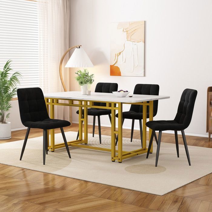 Juego de mesa de comedor de 120 × 70 cm con 4 sillas - Juego moderno de mesa y sillas para cocina/sala de estar - Sillas de terciopelo negro