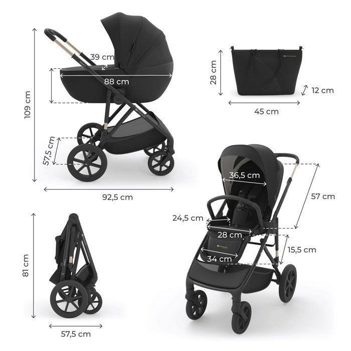 Kinderkraft PRIME 3 2-in-1 Stroller with Carrycot, Mesh Seat, Smooth Ride Wheels, 22 kg Capacity, Black