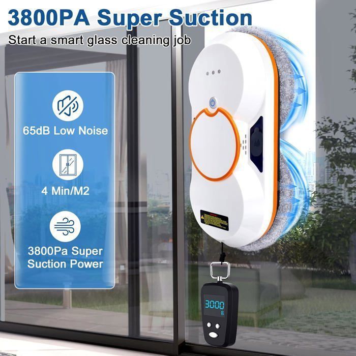 Robot lavavetri da 3800 Pa – con telecomando, serbatoio da 60 ml, 3 modalità, rilevamento automatico, sistema di sicurezza anticaduta.