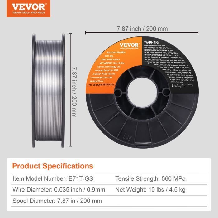Alambre para soldadura - VEVOR - MIG E71T-GS, núcleo fundente, acero dulce, sin gas, 0,9 mm, 4,5 kg
