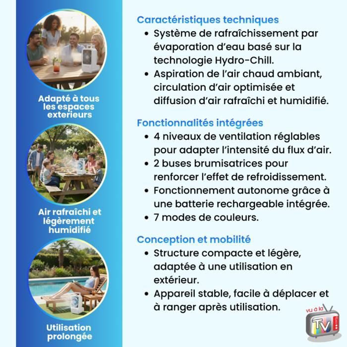 VENTEO - Enfriador de aire y aire acondicionado portátil para exteriores | Ventilador nebulizador | Humidificador recargable | Para mayor comodidad