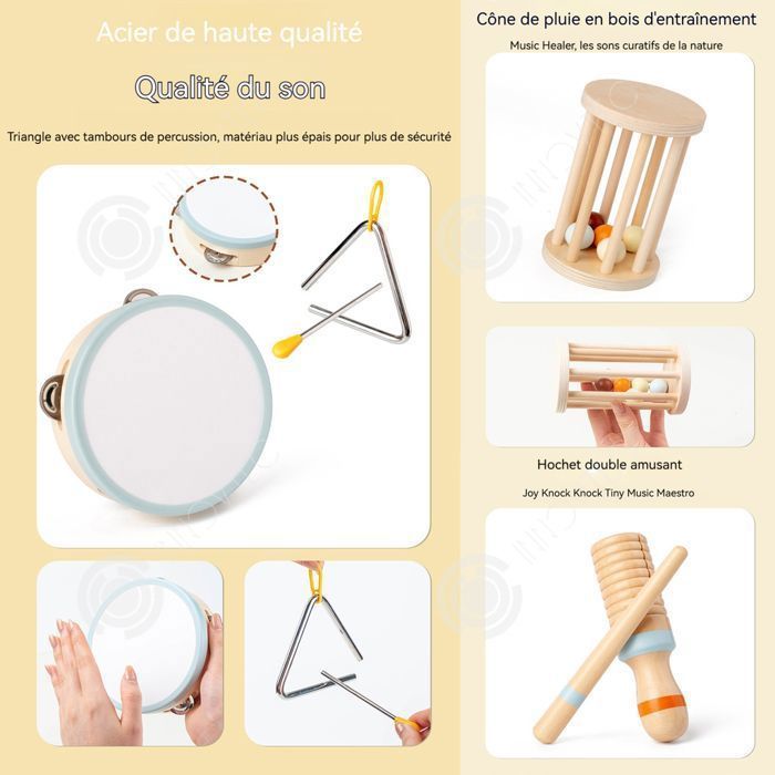 Set di 7 strumenti musicali in legno Montessori per bambini, giocattolo per imparare la musica e riconoscere i colori.