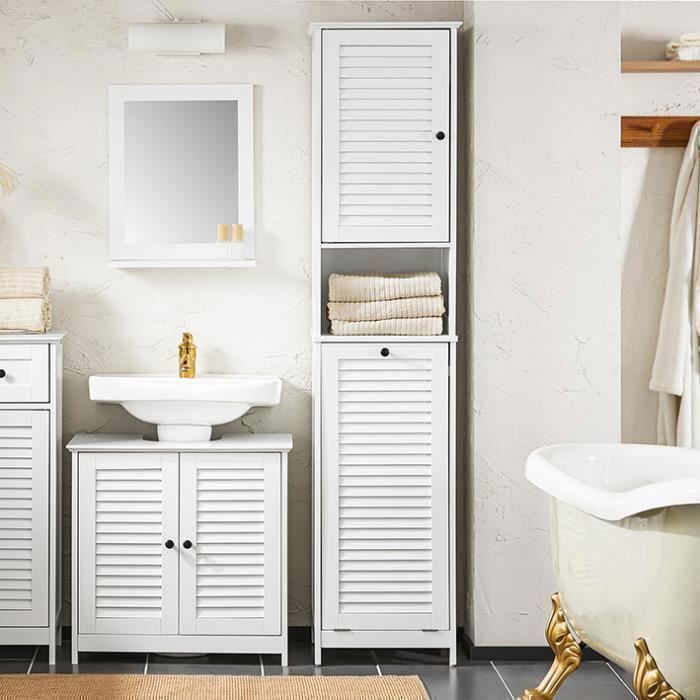SoBuy Meuble Colonne Salle de Bain Blanc avec Panier à Linge, Armoire Rangement Étroit et Étagères pour WC ou Buanderie,