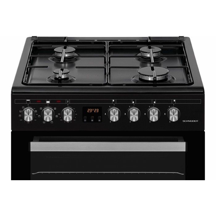 Cocina Schneider SCCG64DO-BM con doble horno y 4 quemadores de gas, color negro mate.