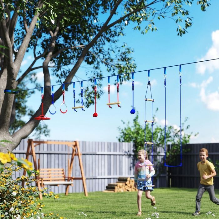 Ninja-hindernisbaan voor kinderen - AIYAPLAY - 10 accessoires - 10 meter slackline en draagtas - blauw