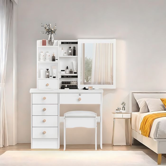Coiffeuse avec miroir et tabouret,6 tiroirs,blanc,80(L)x37(W)x122(H)cm,