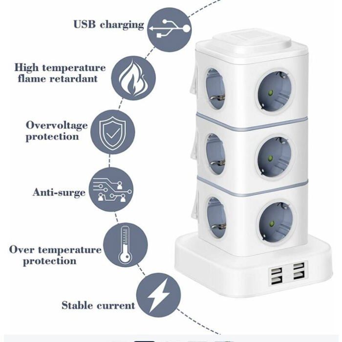 Torre de regleta eléctrica con 12 tomas de corriente (2500 W / 10 A), 4 puertos USB, protector contra sobretensiones y cable de extensión de 3 m.