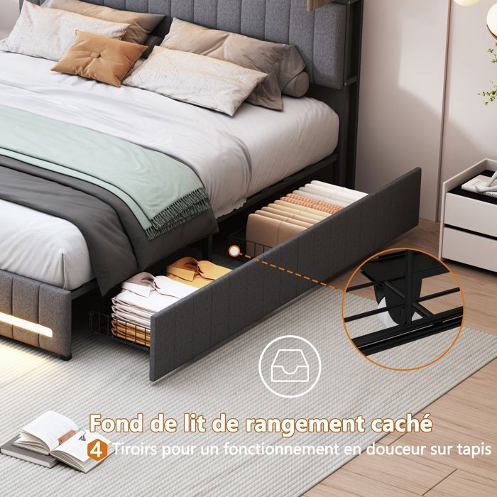 Letto matrimoniale 160 x 200, letto per adulti 160 x 200 con cassetti, con porta USB e LED, testiera con contenitore, cassetto contenitore, biancheria grigia