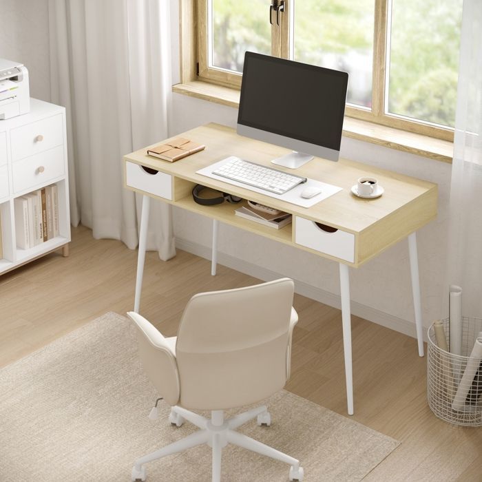 WOLTU Metal and Wood Computer Desk, Office Table with 2 Drawers and 1 Open Compartment, 120x58x77cm, Oak