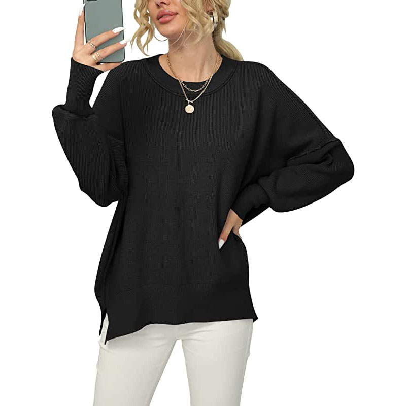 Pull-over ANRABESS pour femme, col rond, manches chauve-souris, fente latérale oversize, maille côtelée