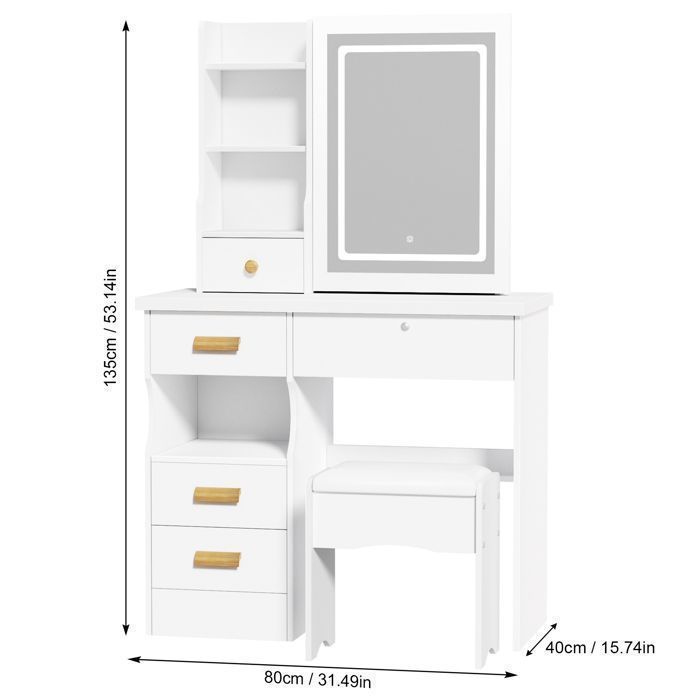 Coiffeuse moderne - CREMLANK - LED éclairage réglable - avec tabouret - 5 tiroirs - 4 étagères, simple - BLANC - 80*36*132 cm