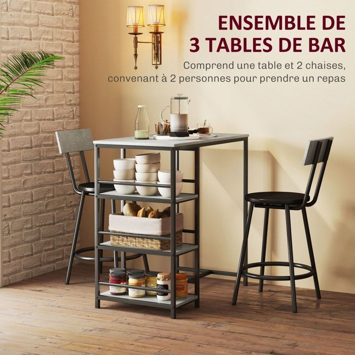 Mesa de bar con 2 taburetes - HOMCOM - estantes de almacenamiento - para comedor, cocina - gris y negro