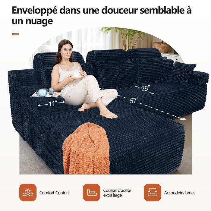 Sofá esquinero reversible con chaise longue, sofá modular de respaldo alto, sofá cama de asiento profundo, no requiere montaje, azul.