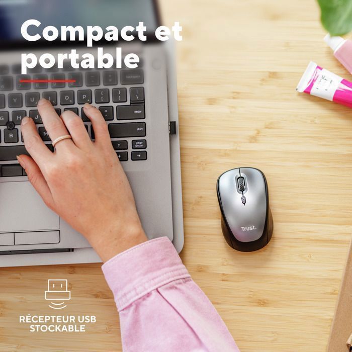 Ratón inalámbrico silencioso y compacto Trust Yuki con batería, ambidiestro, 1600 DPI, receptor USB, compatible con portátiles y ordenadores.