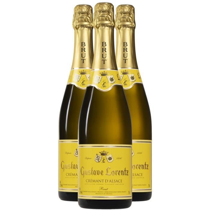 Crémant d'Alsace Brut Blanc - Lot de 3x75cl - Gustave Lorentz - Vin effervescent AOC Blanc d' Alsace - Cépages Pinot Auxerrois,