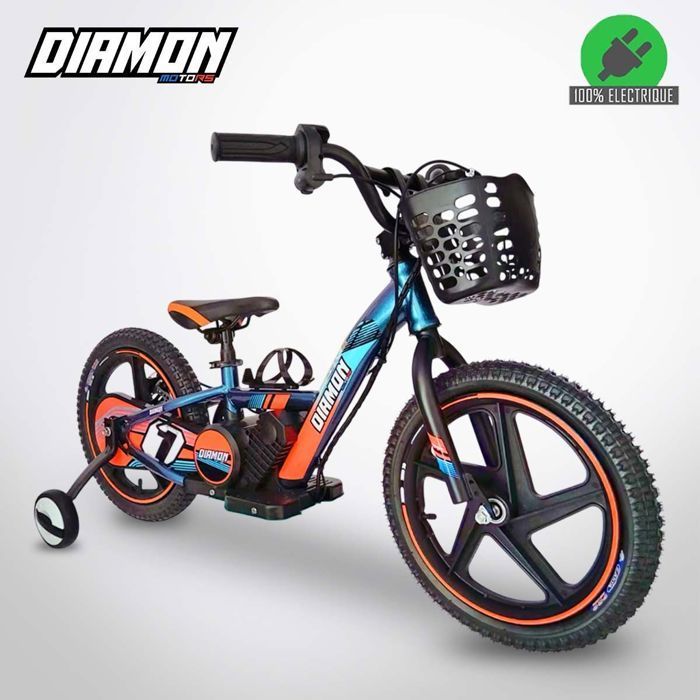 Bicicleta elétrica de equilíbrio infantil DRAXY 250W laranja de 16 polegadas da DIAMON MOTORS – Bateria de lítio de 24V 5,2Ah – 3 velocidades