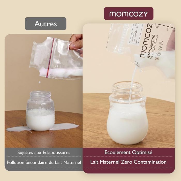 Sacos para congelamento de leite materno Momcozy, 250ml, com indicador de temperatura, 60 unidades autoportantes, pré-esterilizados, livres de BPA e recicláveis.