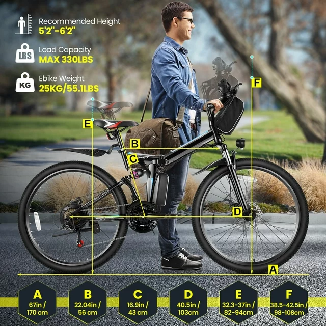 Gocio 26-tums elcykel för vuxna, 500W hopfällbar elektrisk mountainbike, max 80 km, full fjädring, 48V hopfällbar elcykel med avtagbart 374,4 Wh litiumjonbatteri, elektrisk stadscykel