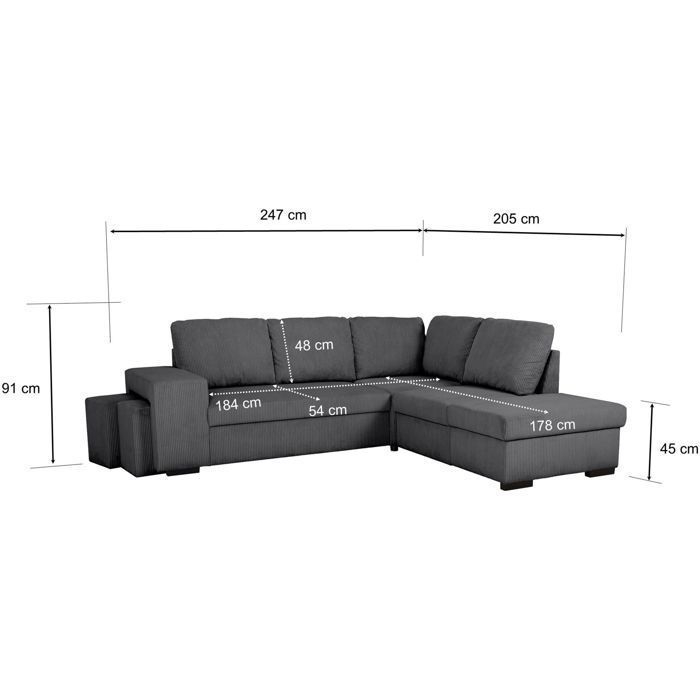Divano angolare reversibile e trasformabile - 4/5 posti - MITCHELL - Tessuto in velluto a coste antracite - Vano contenitore, pouf - 247 x 205 x 91 cm