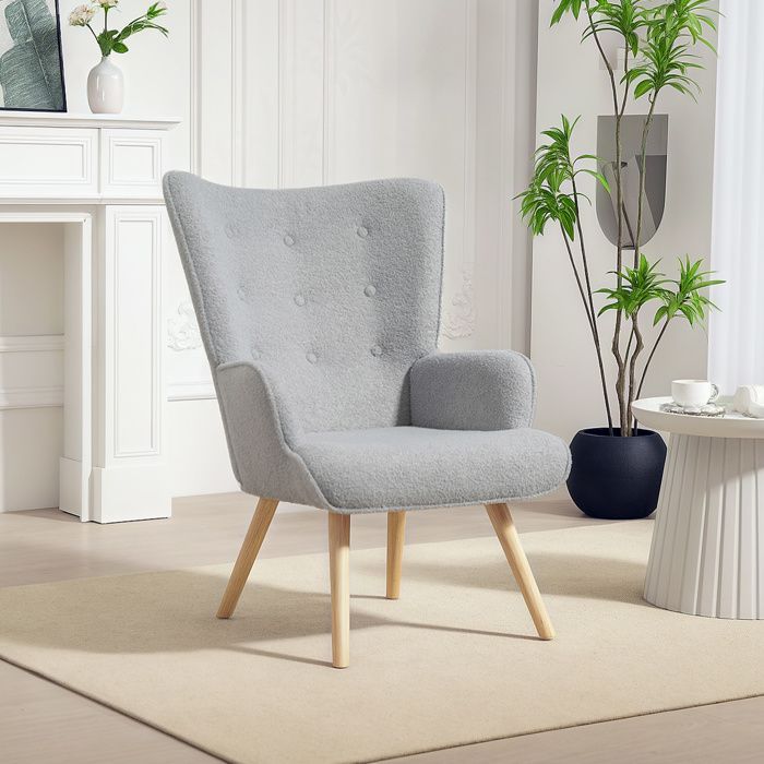 Fauteuil de salon - HOMCOM - pieds en bois, accoudoirs et dossier ergonomique - tissu bouclette - 71 x 74 x 96 cm - gris clair