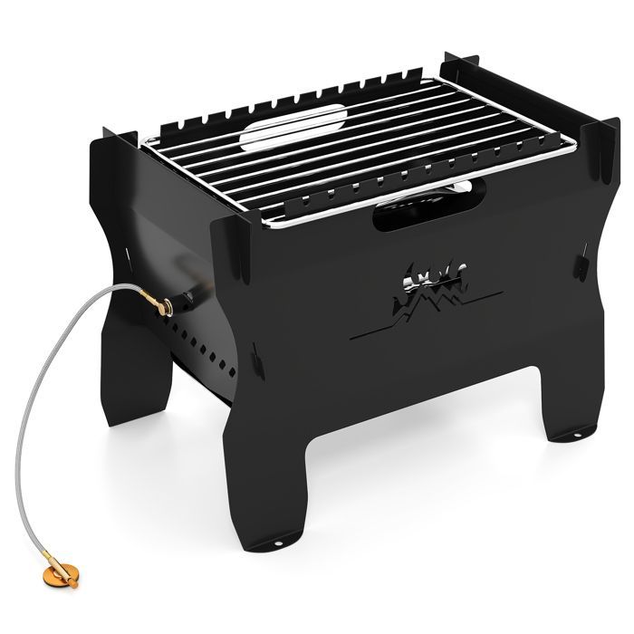 Barbacoa de mesa portátil GYMAX, multicombustible (gas o carbón), parrilla de acero inoxidable, con manguera de gas, plato para