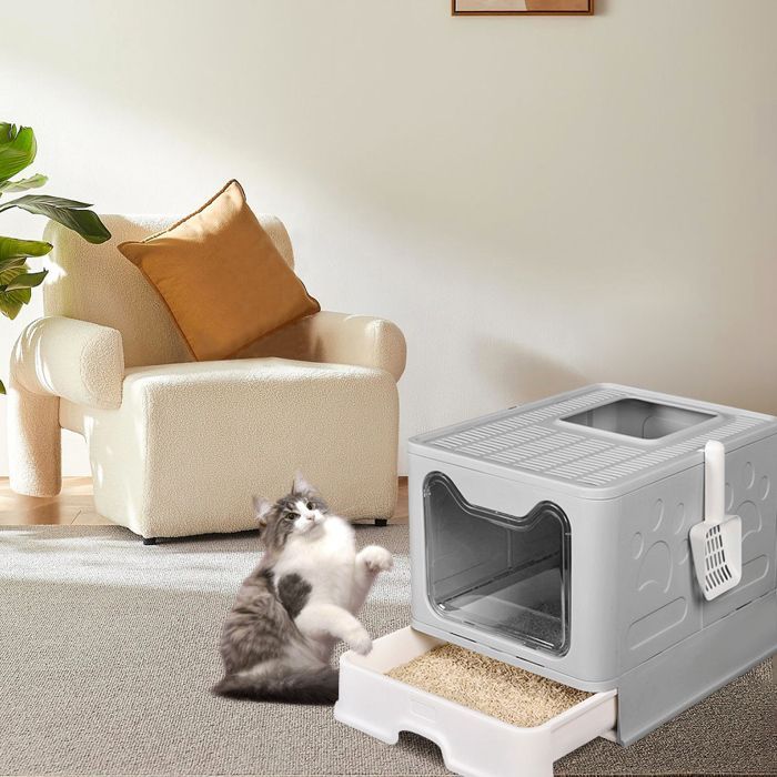 SUPFINE Bac à Litière pour Chat Fermée - Maison de Toilette pour Chat Pliable -41×51×38cm - 2 Portes - avec Couvercle et Tiroir