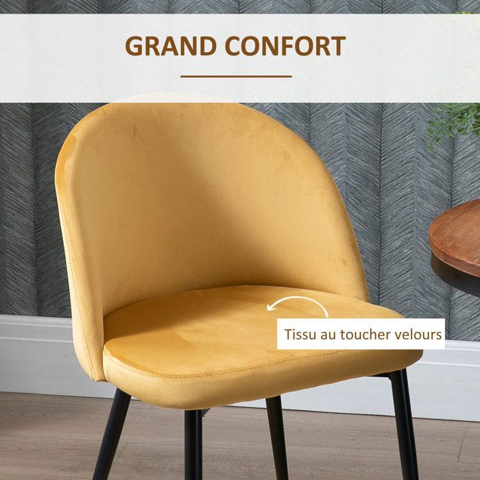 Chaises de salle à manger - HOMCOM - lot de 2 cuisine scandinave velours rembourrée pieds effilés - métal - jaune