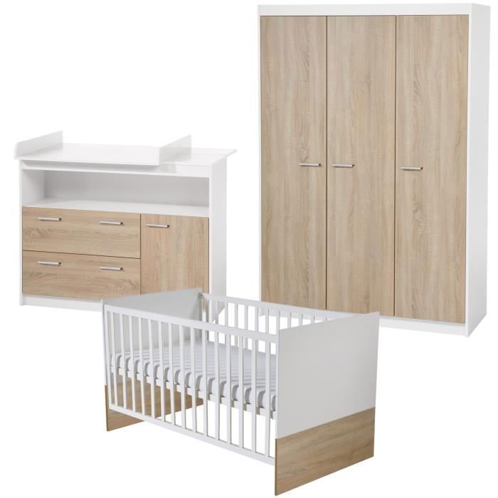Conjunto completo para habitación infantil Gabriella ROBA: cuna convertible de 70x140 cm + cambiador + armario de 3 puertas - Blanco / Roble aserrado