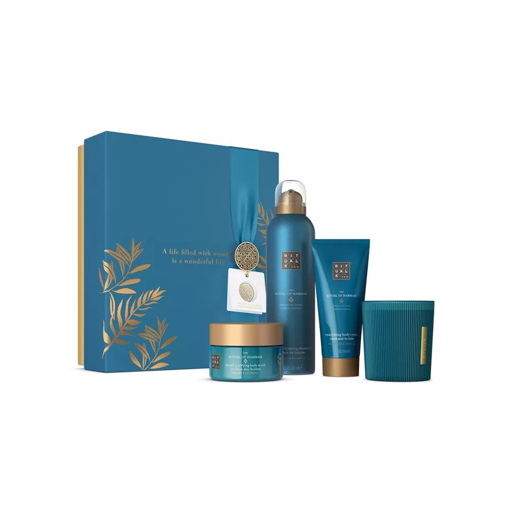 Darčeková sada Ritual of Hammam M penový sprchový gél 200 ml, telový krém 100 ml, telový peeling 125 g, vonná sviečka 140 g