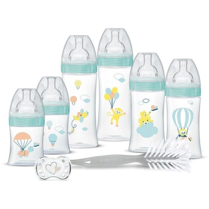 Dodie Newborn Starter Kit - 6 Anti-Colic Bottles with Flat Teats, 1 Anatomical Pacifier (0-2 Months), 1 Bottle Brush - BPA Free - Green