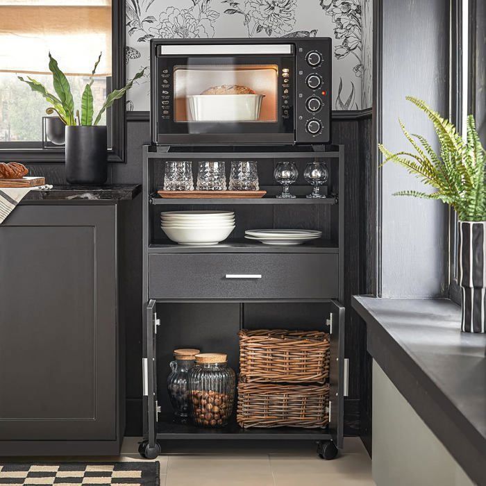 SoBuy Desserte de Cuisine à Roulettes avec Plan de Travail Extensible, 1 Tiroir, 2 Étagères, Meuble Micro-Ondes Noir 59x40x92 cm