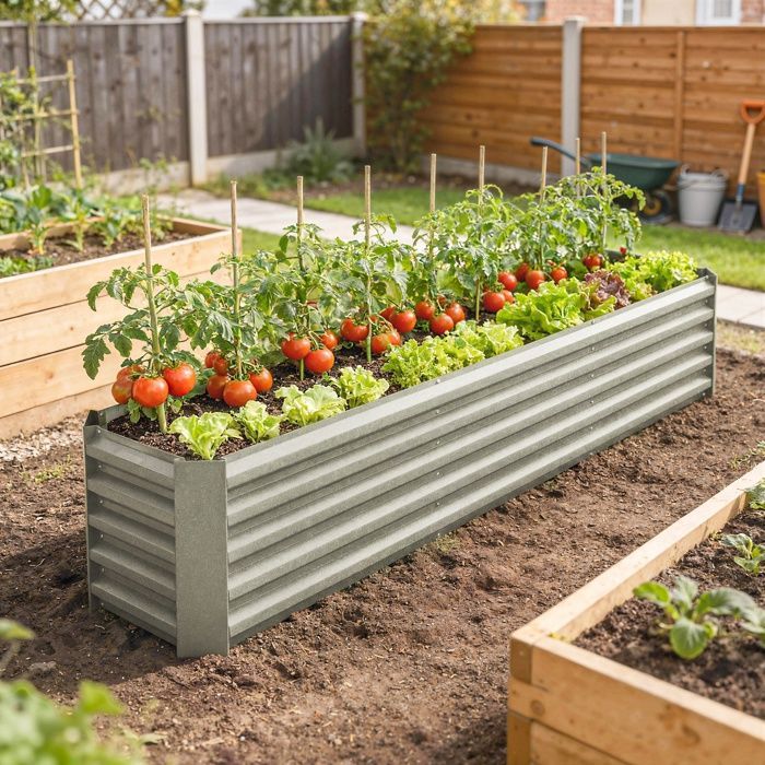 Canteiro elevado para jardim - Outsunny - barras de suporte e placas de canto - fundo aberto - aço galvanizado - 240 x 40 x 45 cm - cinza prateado
