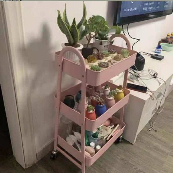 Carrito de cocina QUIIENCLEE con ruedas, giro de 360 grados, 3 niveles, carrito de almacenamiento, acero al carbono, rosa.