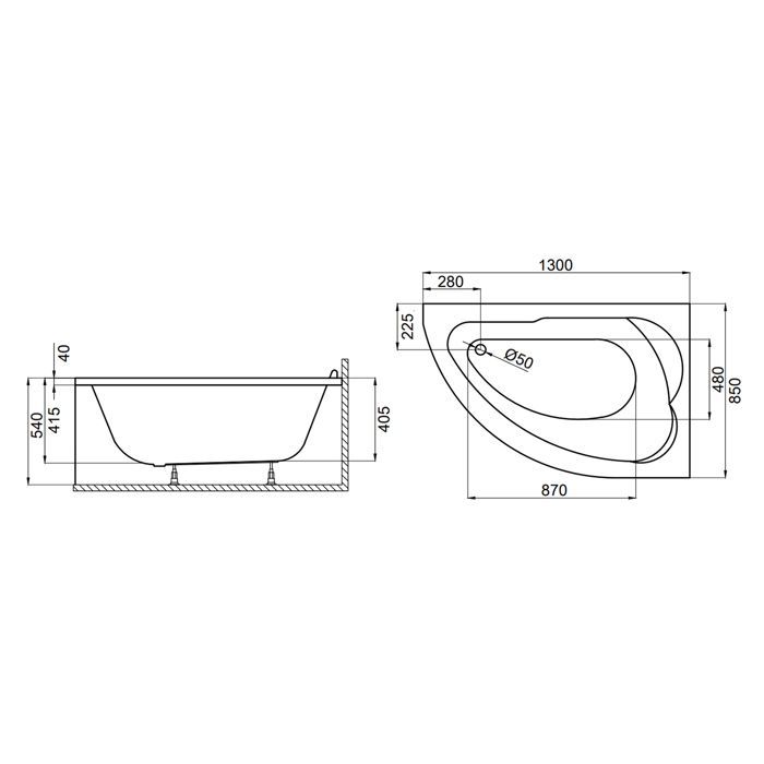 Corner bathtub 130x85 Right-hand opening + acrylic apron + siphon + standard feet