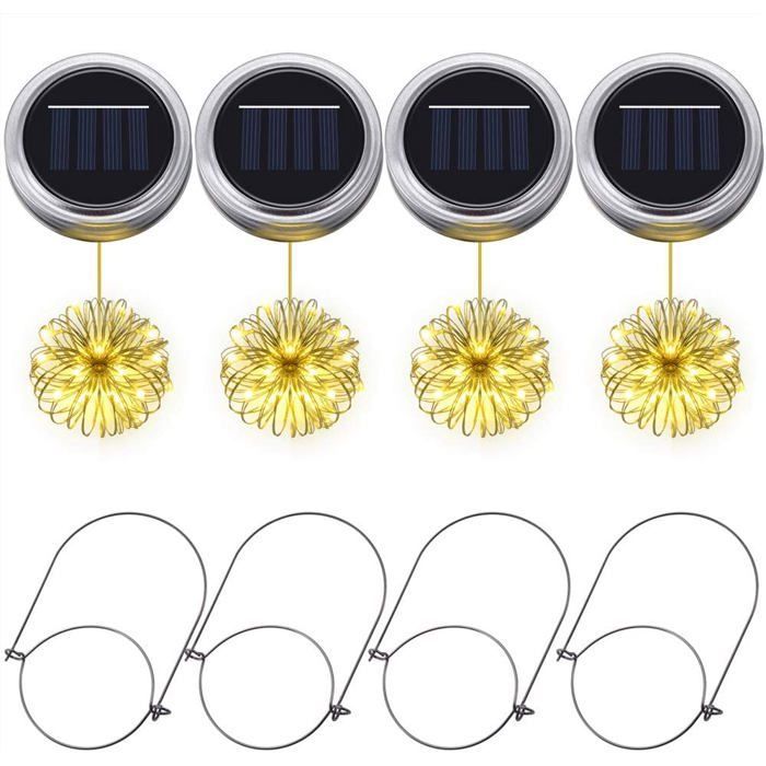 TRAHOO - Luces solares para tarros Mason, 4 tapas para tarros Mason con 20 luces LED de cadena para decoración [J340]