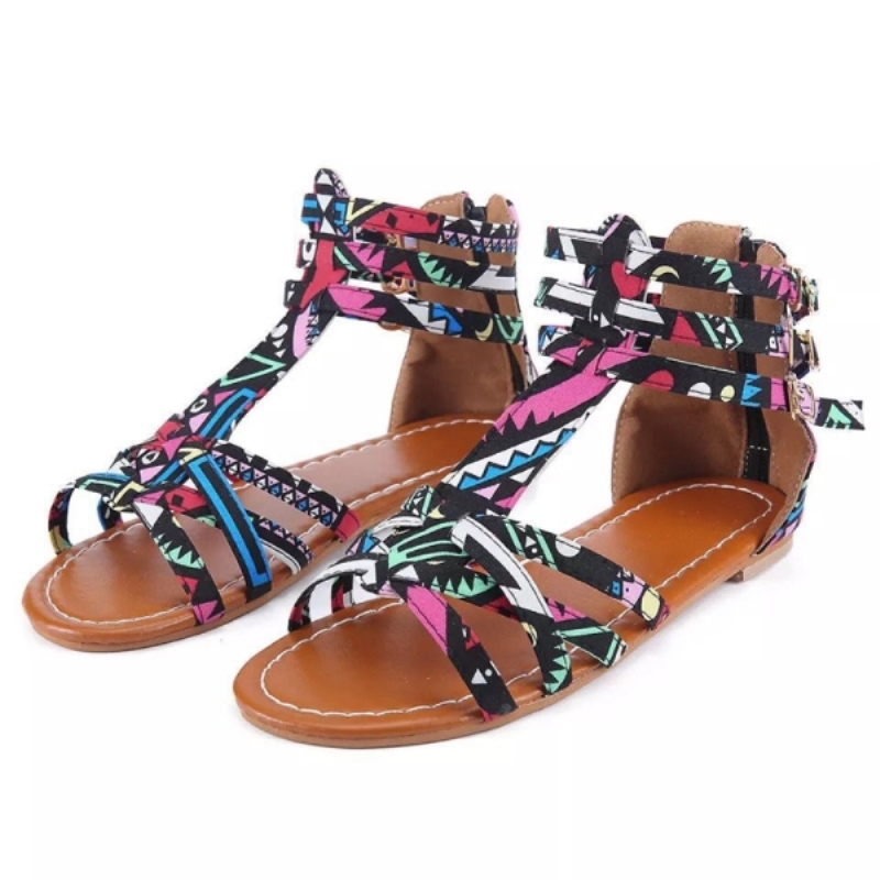 Sandales d'été décontractées et colorées pour femme, style gladiateur, plates, à bride cheville et bout ouvert, grandes tailles