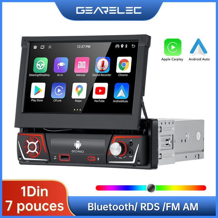 GEARELEC 1 Din 7 inch autoradio met CarPlay, Android Auto, GPS-navigatie, wifi, Bluetooth, RDS, FM/AM, 2+32GB