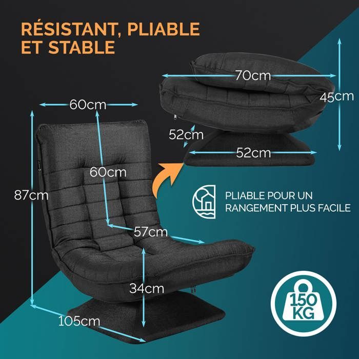 CASARIA® Fauteuil tout confort pivotant à 360° Noir capacité de charge de 150kg siège de gaming 58x57x84/87cm relaxation
