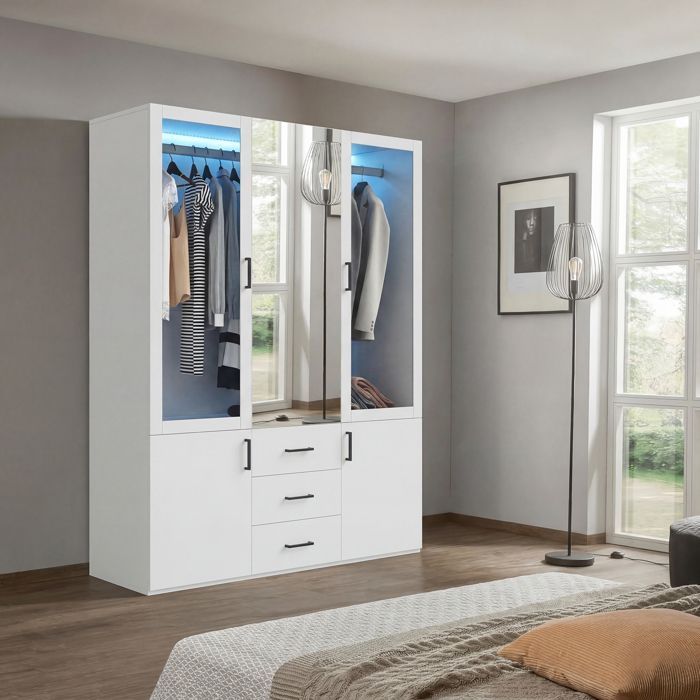 Armoire Dressing 4 Portes avec LED et Miroir, Placard Chambre Portes Vitrées, Armoire Rangement avec Penderie et 3 Tiroirs Blanc