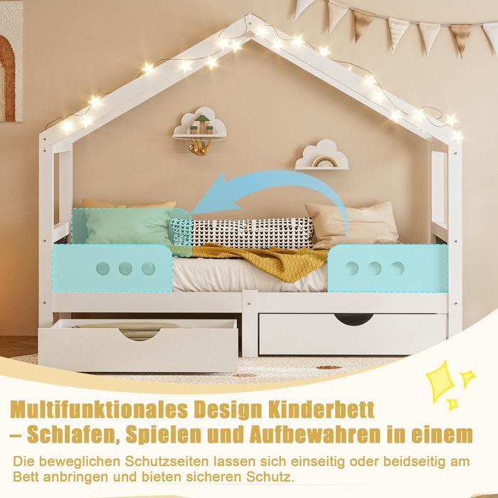 Cama infantil blanca de 90 x 200 cm, cama tipo litera con tablero de dibujo, 2 amplios cajones de almacenamiento y diseño de techo - Madera maciza + MDF