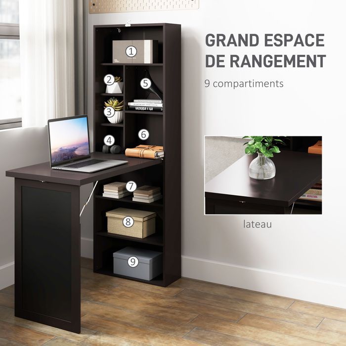 Escritorio plegable de pared HOMCOM con almacenamiento, librería, estación de trabajo, pizarra y estante ajustable.