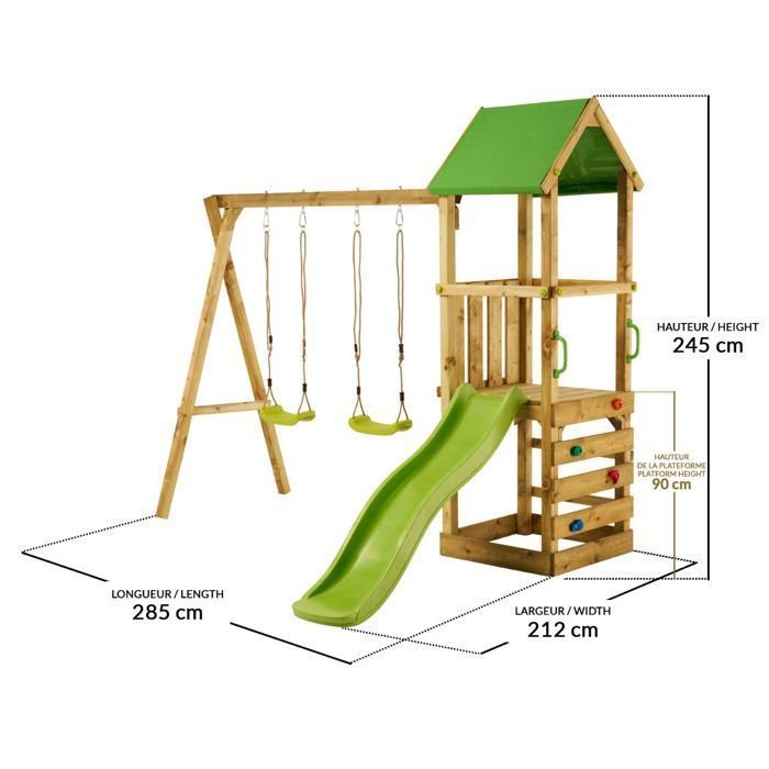 KANGUI WALLI 90 Zona de juegos infantil de madera: tobogán, columpios, estructura para trepar y casita de juegos.