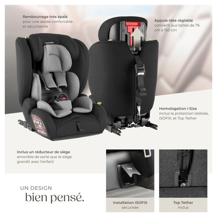 Silla de coche TECTAKE EMELY con arnés de 5 puntos, estándar i-Size y base ISOFIX.
