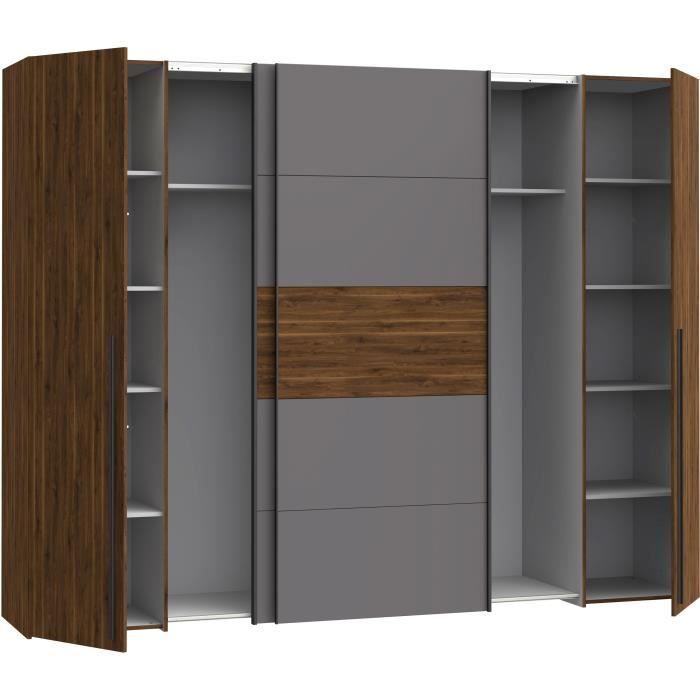 Armario NARAGO - Acabado en nogal Bakersfield y gris - 2 puertas correderas + 2 puertas batientes - 270 x 61 x 210 cm (ancho x profundidad x alto)