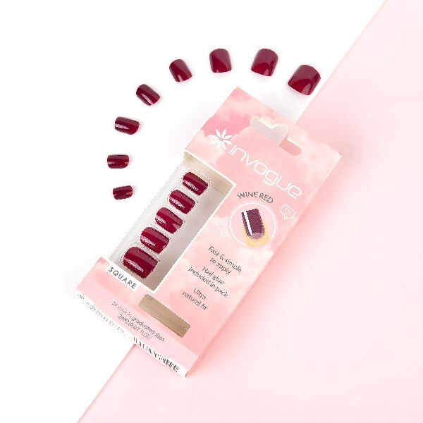 Uñas cuadradas Invogue color rojo vino - Paquete de 24